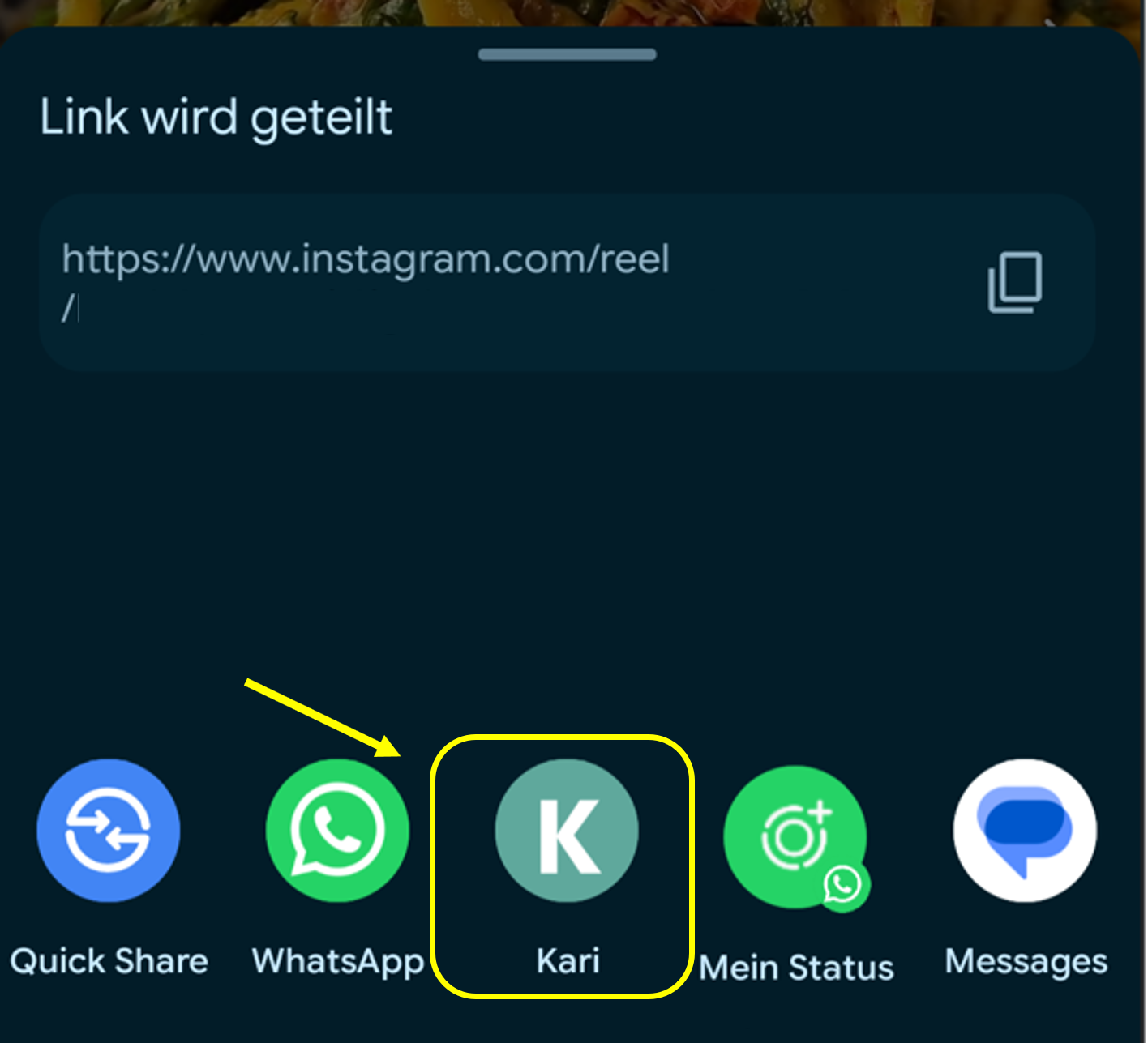 Selecting the Kari app in the share menu